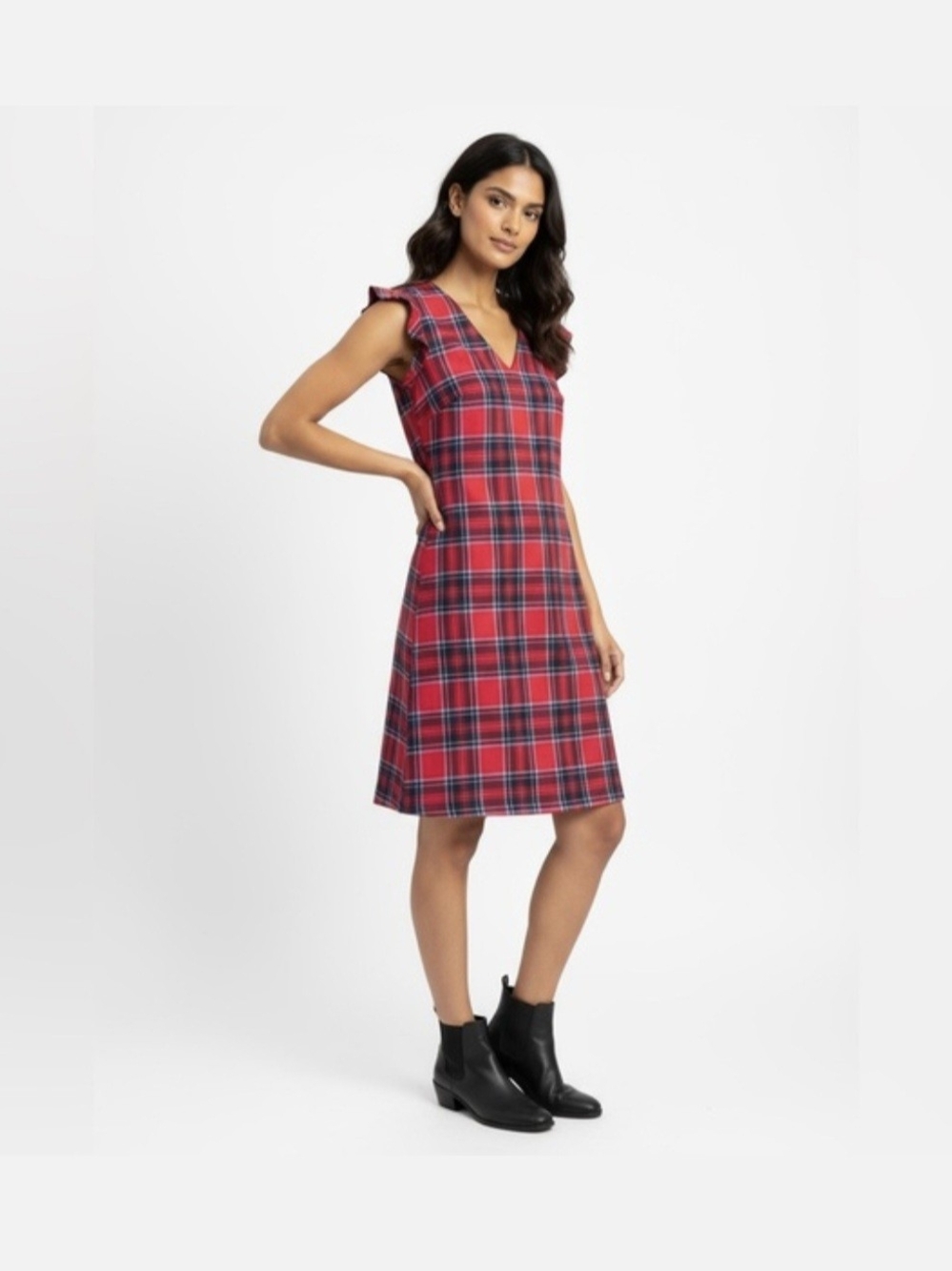 Vineyard Vines Red Plaid V-Neck Midi Dress